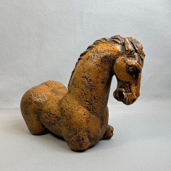 Vintage Rustic Brown Bitossi-Style Sitting Horse Statue Heavy Decor Piece 18" L - Picture 10 of 14
